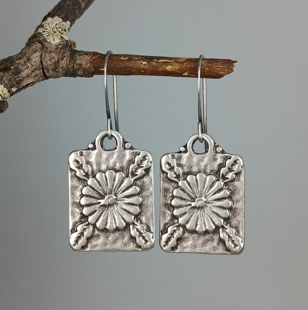 Antique Silver Flower Earrings Rustic Minimalist Garden Vintage Hand Crafted